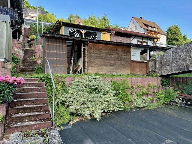 Treppe zum Gartenhaus und Garten